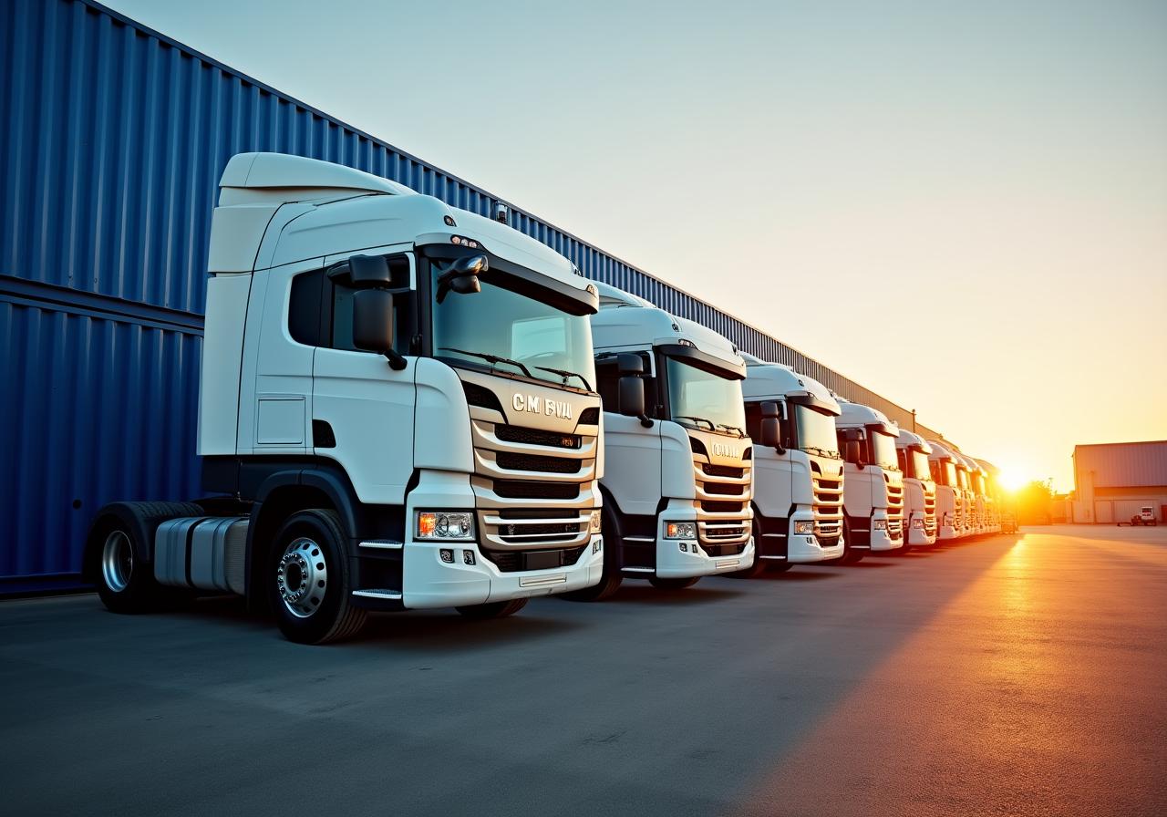 Logistics hub with heavy trucks and cargo containers